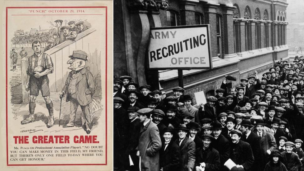 A cartoon encouraging footballers to join up, and queues at a London recruiting office in December 1914, when John Williams joined up