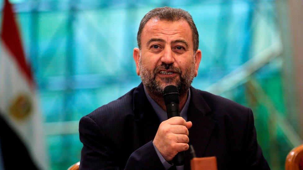 Head of Hamas delegation Saleh al-Arouri speaks during a reconciliation deal signing ceremony in Cairo, Egypt, October 12, 2017.