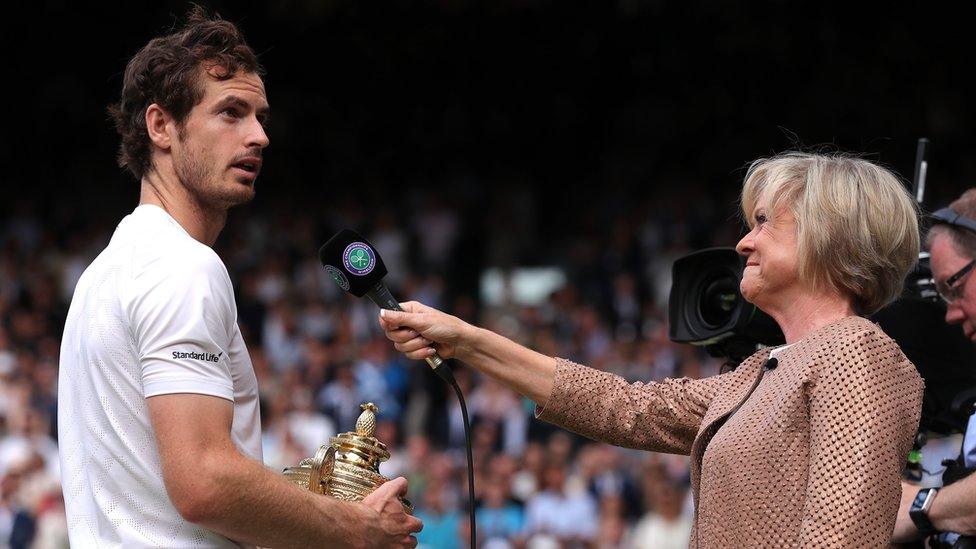 Andy Murray with Sue Barker after winning Wimbledon 2016