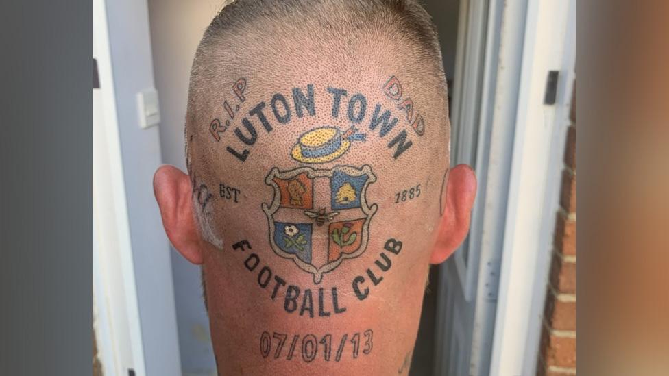 Luton Town tattoo on the back of Micky Hyde's head