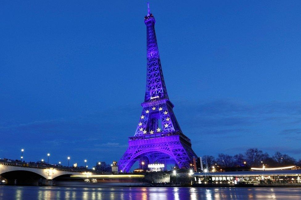 The Eiffel Tower is seen lit up in blue to celebrate the start of the French presidency of the European Union, in Paris, France, on 1 January 2022