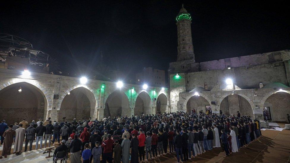 People pray at the Great Omari Mosque in Gaza City. Photo: March 2023