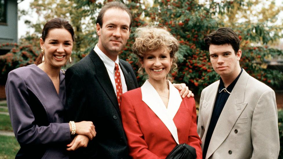 The Corkhill family, played by (left to right) Claire Sweeney, Dean Sullivan, Sue Jenkins, and George Christopher, from Channel soap Brookside