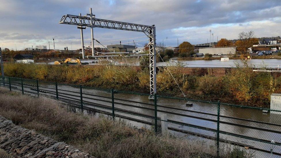 Flooded rail tracks around the New York Stadium in Rotherham