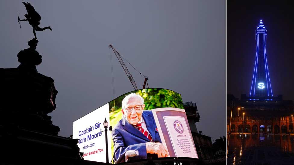 Piccadilly Circus and Blackpool Tower lit up