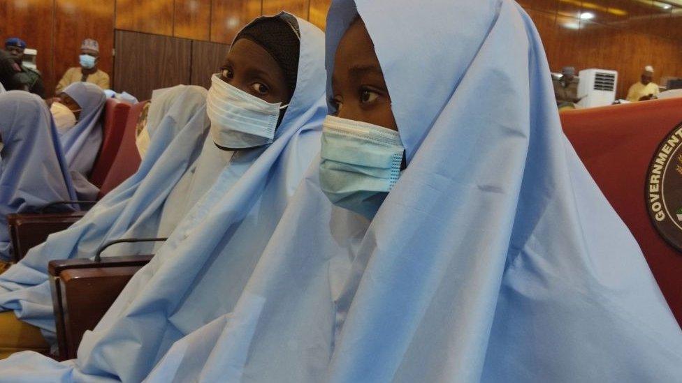 Rescued Chibok girls wearing blue Hijabs