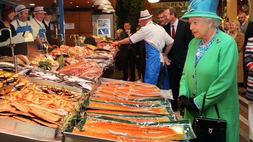 The Queen visits Pat O'Connell's fish stall at the English Market in Cork in 2011. Queen Elizabeth II and Prince Philip, Duke of Edinburgh were on the final day of their four-day tour of the Republic of Ireland.