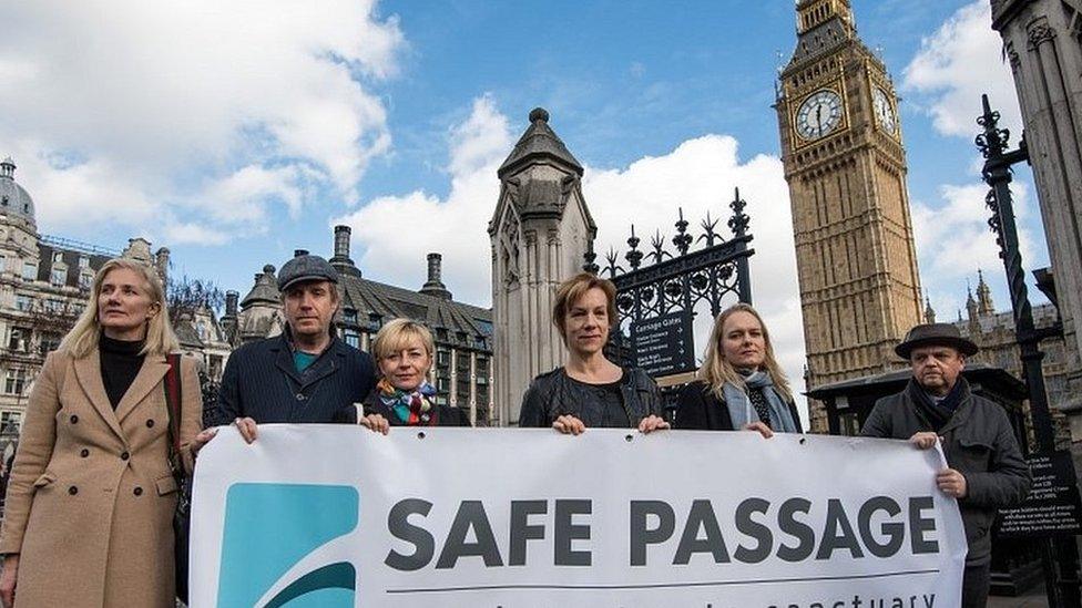 Joely Richardson (left), Juliet Stevenson (centre), Toby Jones (right) among actors calling for action during a demonstration in Westminster