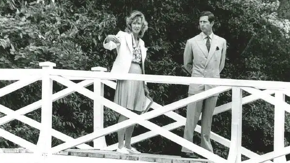 King Charles on the bridge during a visit to Painshill in 1987