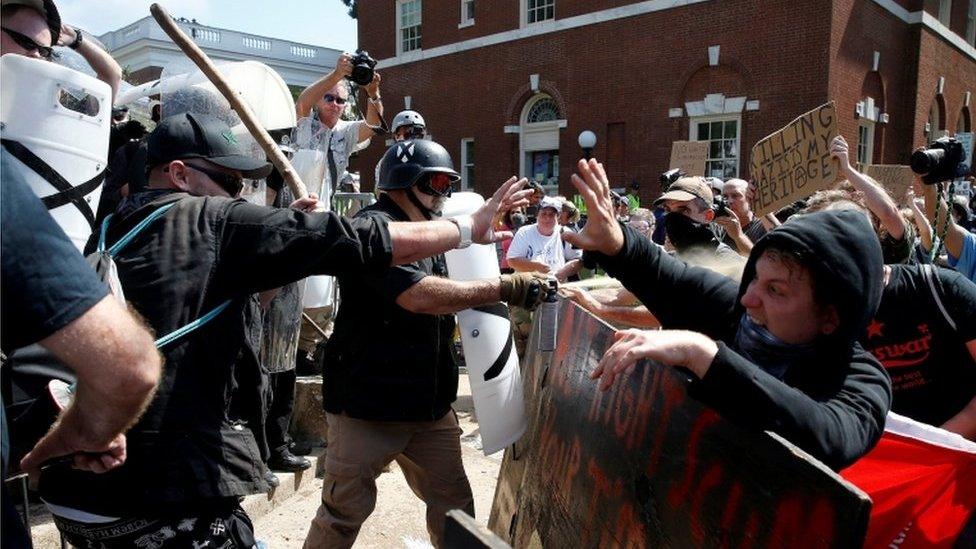 White supremacists clash with counter protesters at a rally in Charlottesville, Virginia, U.S., August 12, 2017.