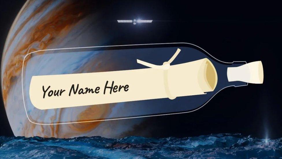 message in a bottle in space with "Your name here" written on it