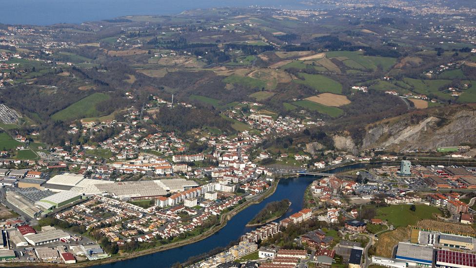 Isla de los faisanes (Pheasant Island) can be seen in the curve of the river Bidasoa