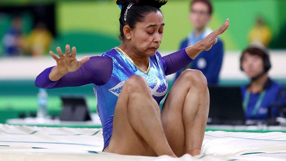 Dipa Karmakar of India falls while competing in the Women's Vault Final on Day 9 of the Rio 2016 Olympic Games