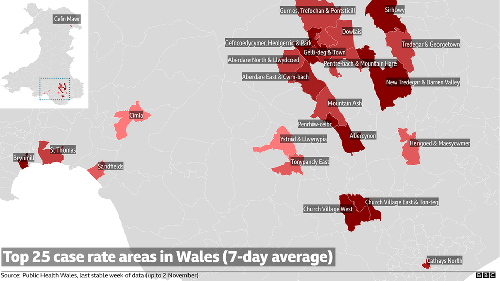 Map of the 25 hardest hit districts within Wales for coronavirus case rate (7-day average)