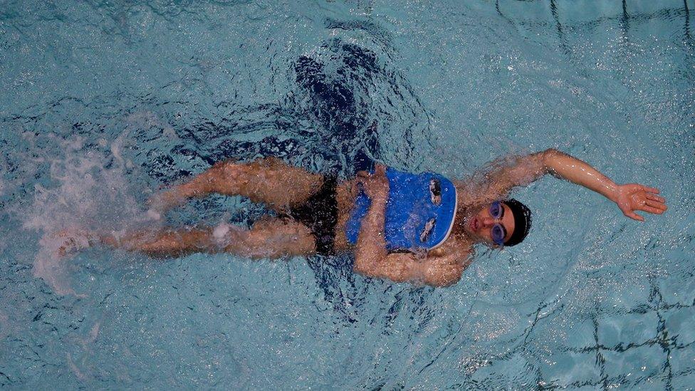 Syrian Ibrahim Al-Hussein practices during his training session at the Olympic Indoor swimming pool in Athens, Monday, April 25, 2016