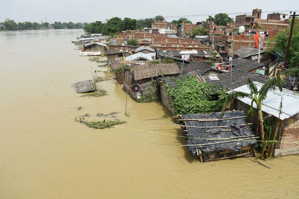 General view of a flooded area following heavy monsoon rains in Muzaffarpur in the Indian state of Bihar on July 17, 2019.