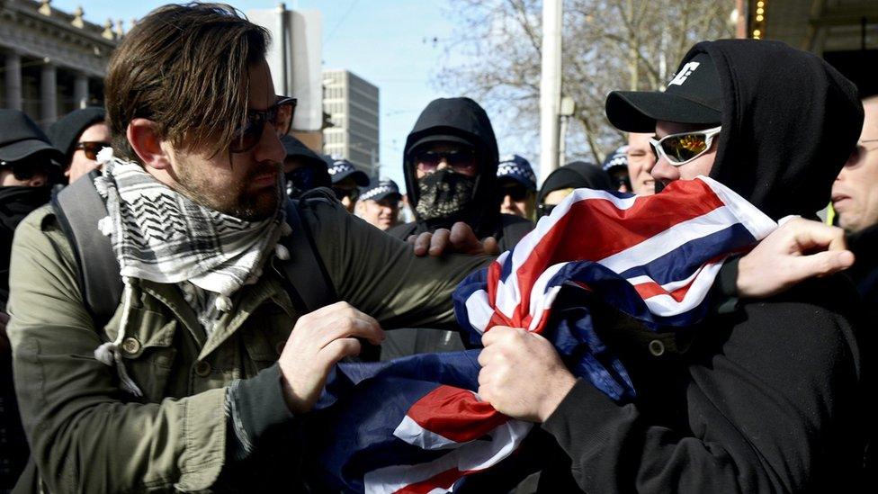 Anti-racism protesters clash with far-right Reclaim Australia activists at Parliament House, Melbourne, Australia, on Saturday