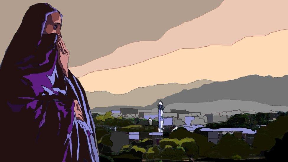 A drawing of a woman in front of the Islamabad cityscape