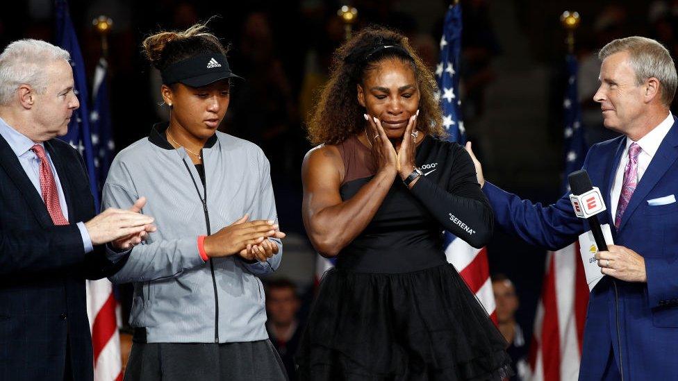 Naomi Osaka of Japan after winning the Women's Singles finals match alongside runner up Serena Williams of the United States