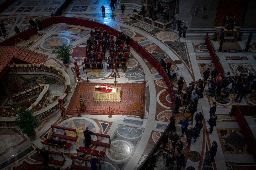 The body of Pope Emeritus Benedict XVI lies in state at St. Peter's Basilica on January 03, 2023 in Vatican City, Vatican.