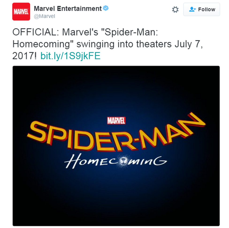 Marvel's tweet confirming Spider-Man: Homecoming title