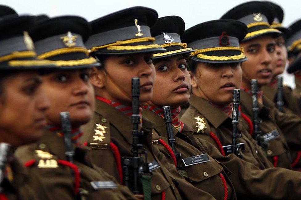 Women officer contingent of the Indian Army march during the Army Day parade at Delhi Cantt on January 15, 2015 in New Delhi.