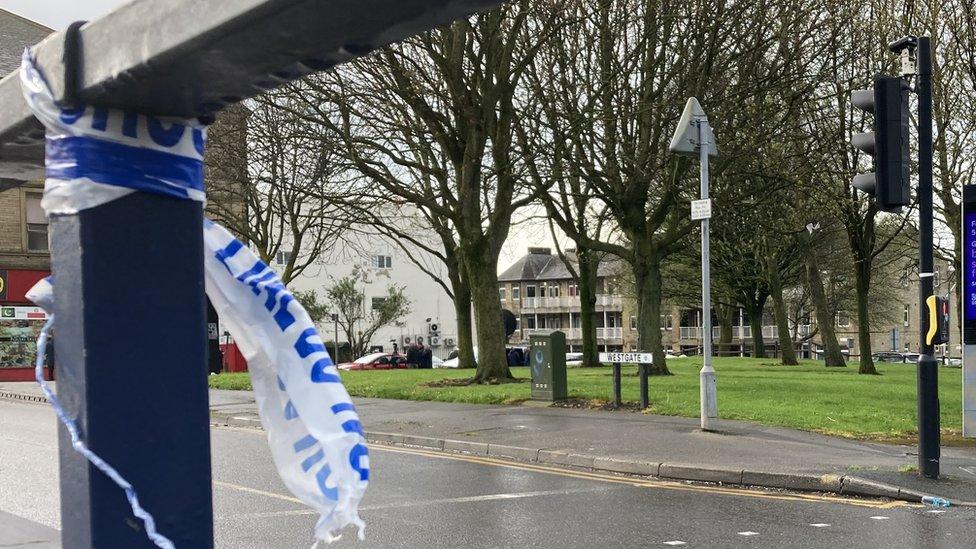 Police tape at the scene of a murder in Bradford on 6 April