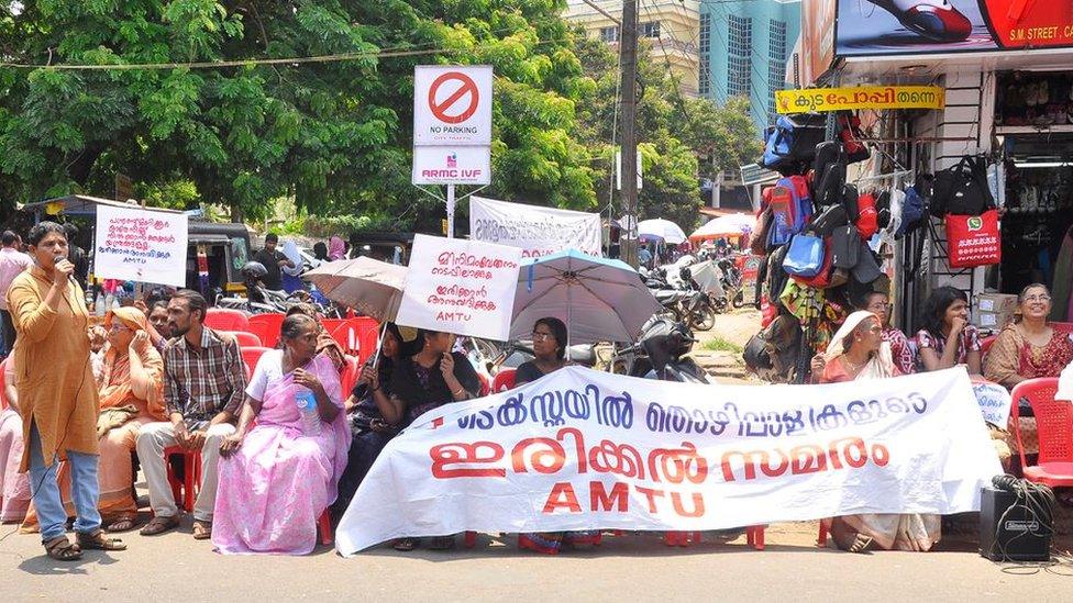 Women from a Kerala trade union in a protest to demand better working conditions