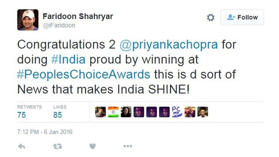 Faridoon Shahryar: Congratulations 2 @priyankachopra for doing #India proud by winning at #PeoplesChoiceAwards this is d sort of News that makes India SHINE!