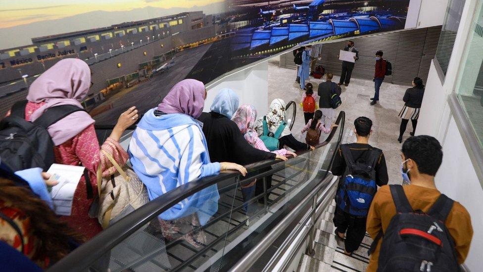 A group of 175 Afghan citizens arriving at the Mexico City International Airport.