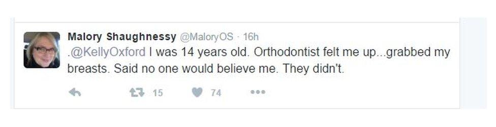 Tweet reads: I was 14 years old. Orthodontist felt me up...grabbed my breasts. Said no one would believe me. They didn't