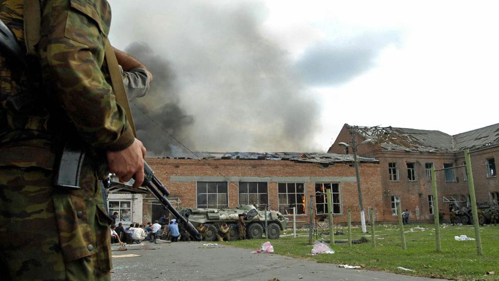 After the explosions a fire destroyed the gym at Beslan School No 1