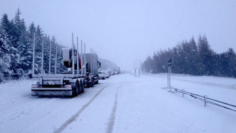 Snow on the A9 south of Inverness on Wednesday morning