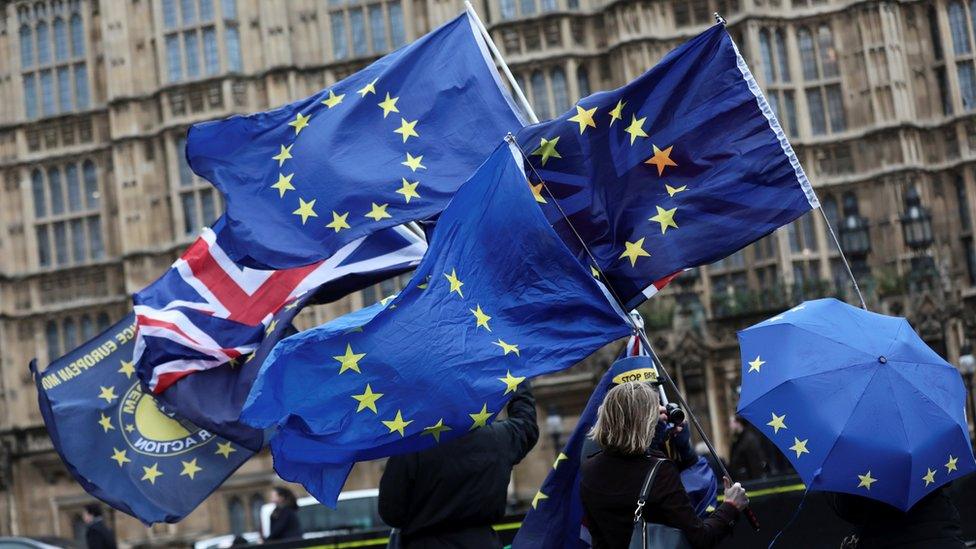 EU and UK flags are held aloft outside the UK parliament