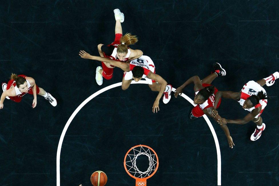 Women playing basketball