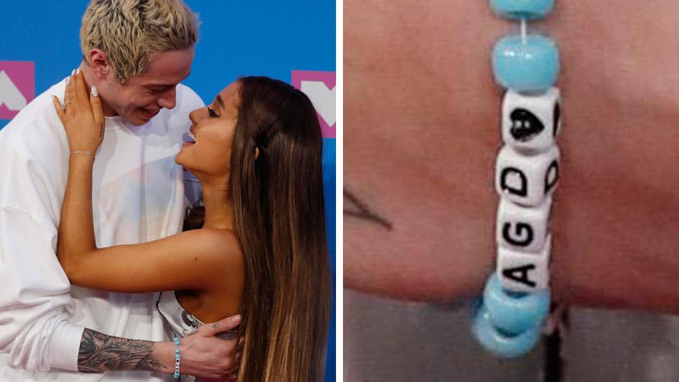 Ariana Grande and Pete Davidson, and detail showing Davidson's AGD bracelet