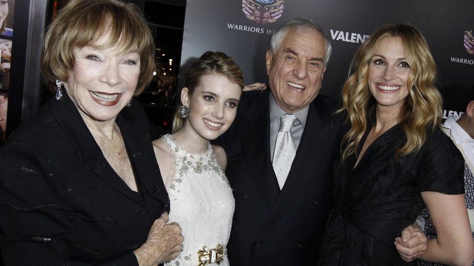 From left to right: Shirley MacLaine, Emma Roberts, Garry Marshall, and Julia Roberts arrive at the premiere for Valentine's Day, in Los Angeles, in February 2010