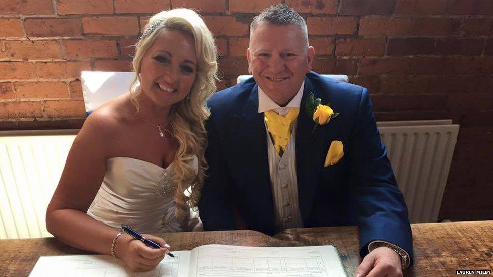 Bride and groom signing the register