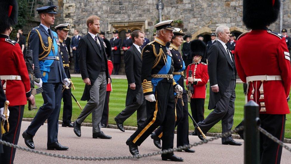 The Queen's children walk behind her coffin during the funeral procession