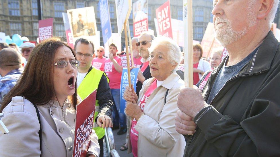 People campaigning for and against the assisted dying bill were outside Parliament