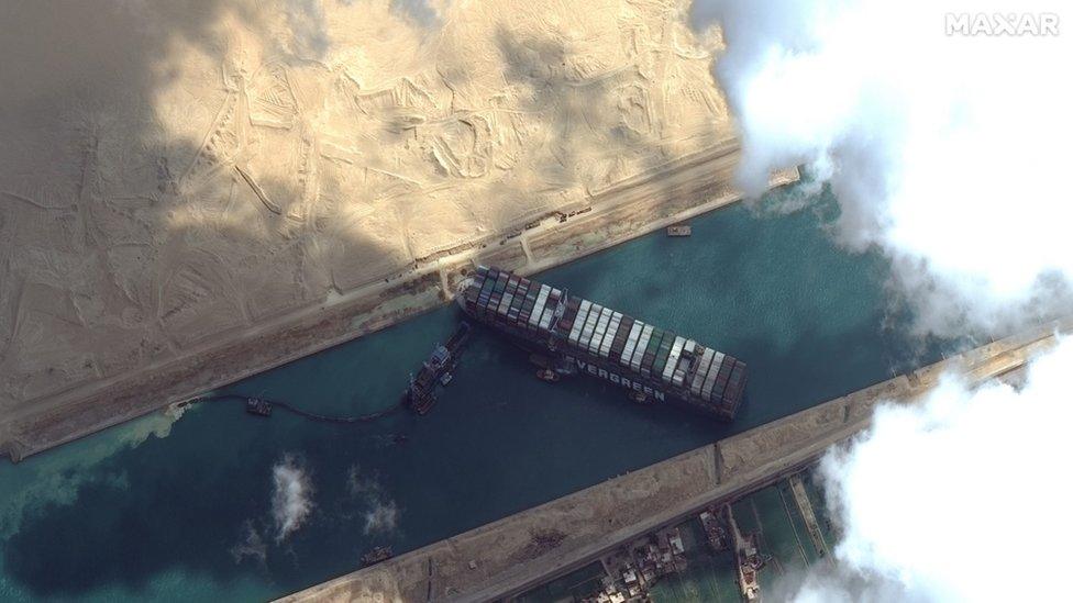 Satellite image from Maxar Technologies showing the Ever Given in Egypt's Suez Canal (26 March 2021)