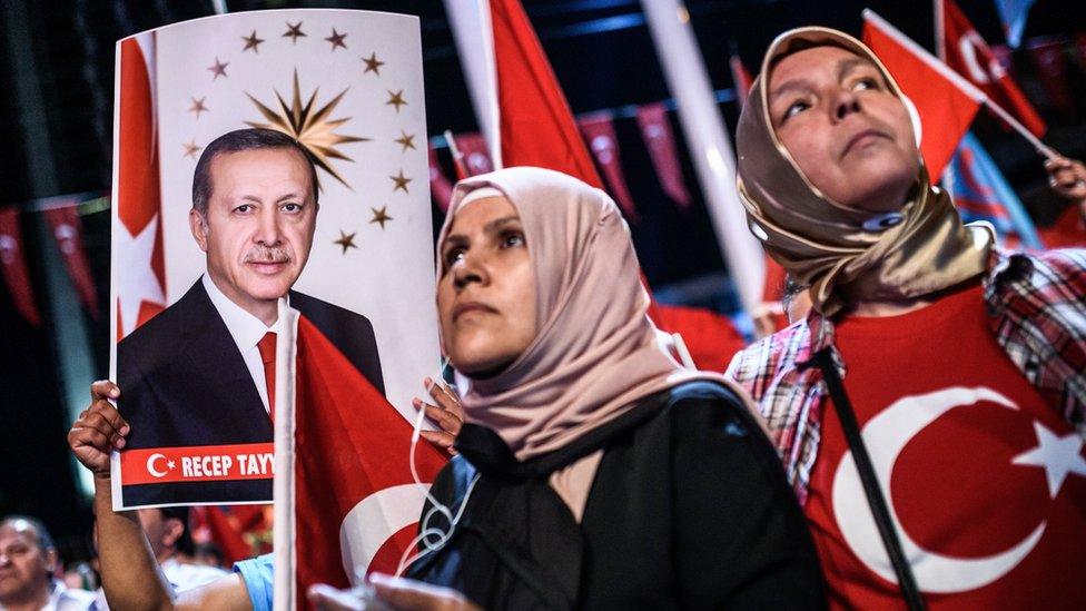 Turkish women at pro-Erdogan rally, Istanbul, 22 Jul 16