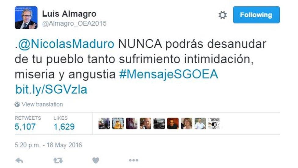 Tweet by Luis Almagro reading: "@NicolasMaduro will NEVER be able to undo so much suffering, intimidation, misery and anguish you've created for your people"