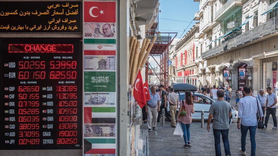 Pedestrians near a foreign exchange office in Istanbul