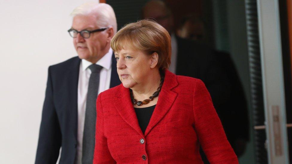 Angela Merkel with Foreign Minister Frank-Walter Steinmeier on 9 Nov