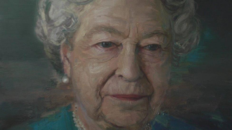 Close-up view of Colin Davidson's portrait of the Queen