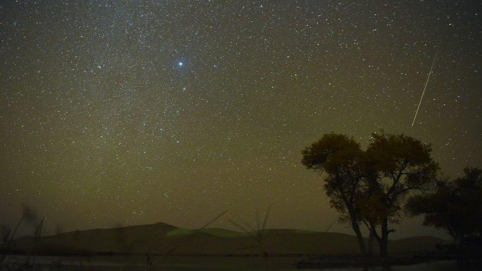 Photograph of night's sky with meteor streak