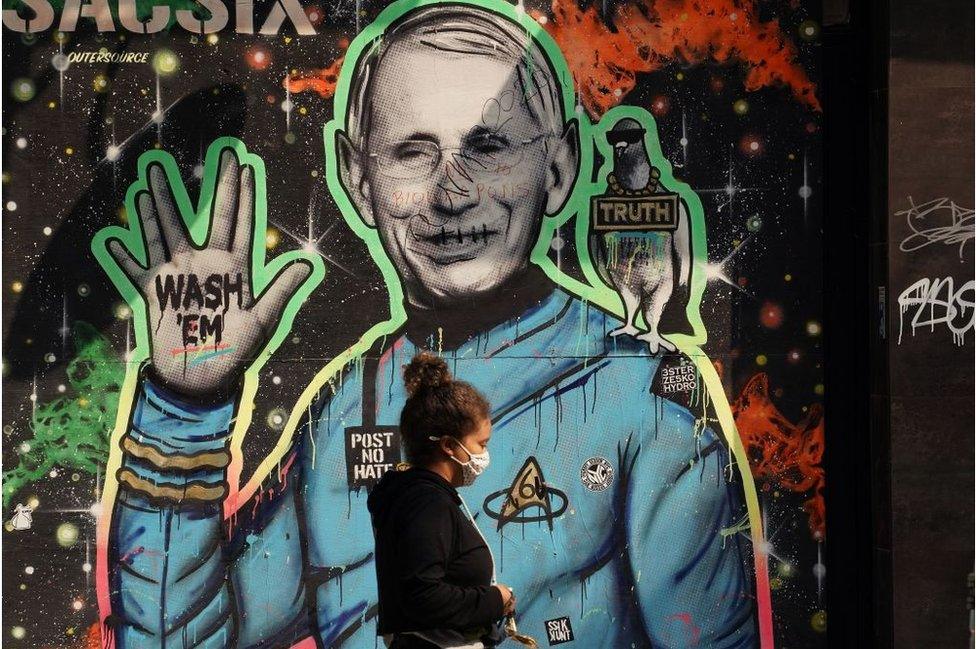 A mural of Dr Fauci, who has become a household name amid the pandemic