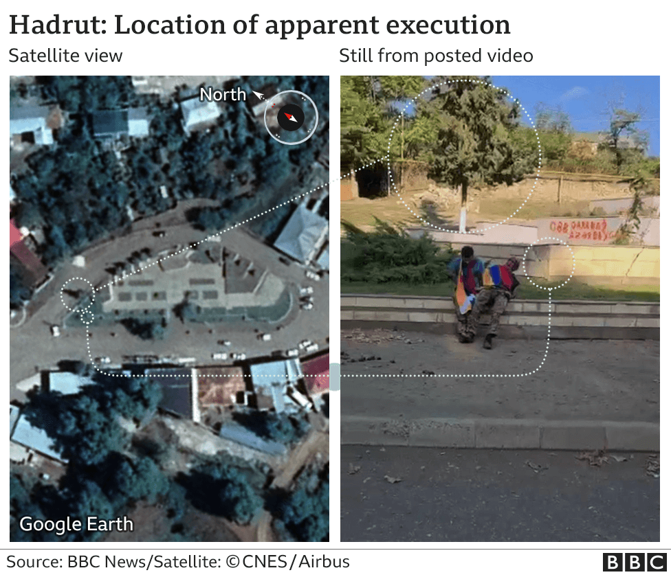 Comparison of satellite view of Hadrut and stills from the video