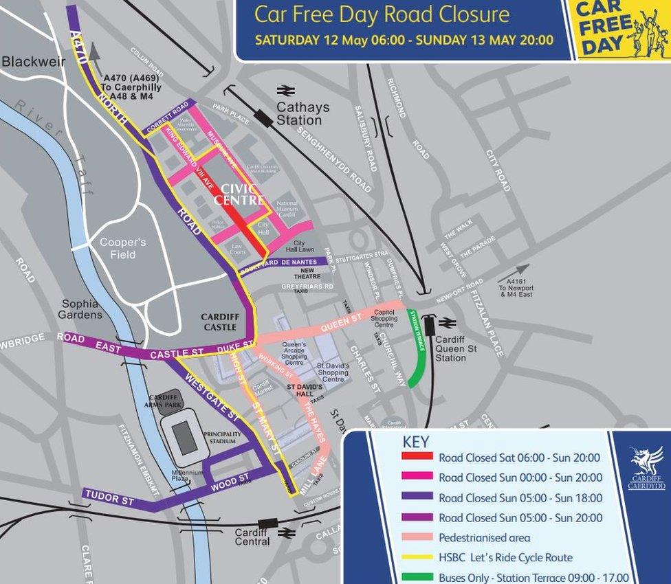 A map showing which road will be closed during the parade on Sunday